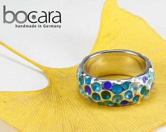 Silver ring, blue/green enamelled, sterling silver and fire enamel, inner diameter 18 mm