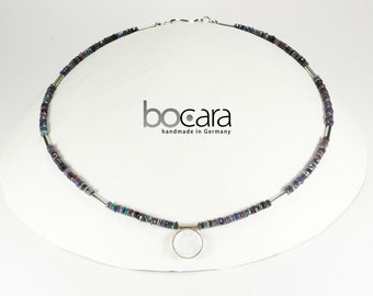 Opal necklace 46 cm long with enamel pendant