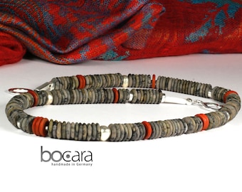 Necklace 48 cm with jasper discs in gray and red