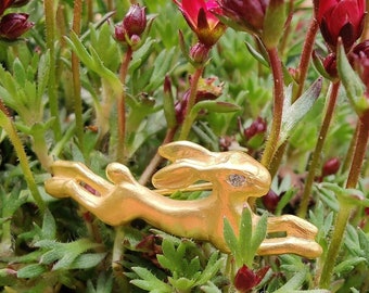 leaping hare, gold-plated silver brooch with a sparkling diamond, handmade pin by Iris Schamberger fairytale jewellery