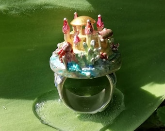 Mermaid at the castle of the prince, big unique ring made of sterling silver, handmade by Iris Schamberger, fairytale jewellery