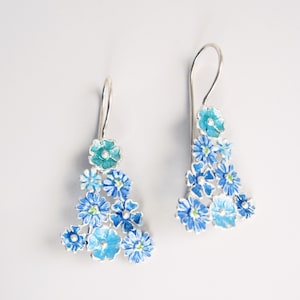 Flora earrings, filigree blue enameled silver flowers, handcrafted unique earrings by Iris Schamberger fairytale jewellery