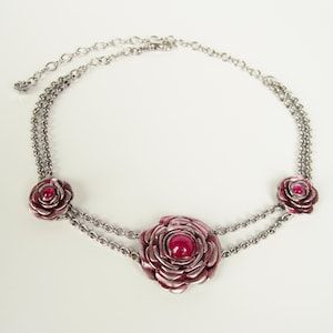 Rose necklace, three roses with rubies on a necklace, 4.66 ct rubies,  rhodium-plated silver unique piece handmade by Iris Schamberger