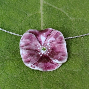Opium poppy necklace, pink-violet enamelled flower pendant on a fine cable necklace, handmade by Iris Schamberger fairytale jewellery