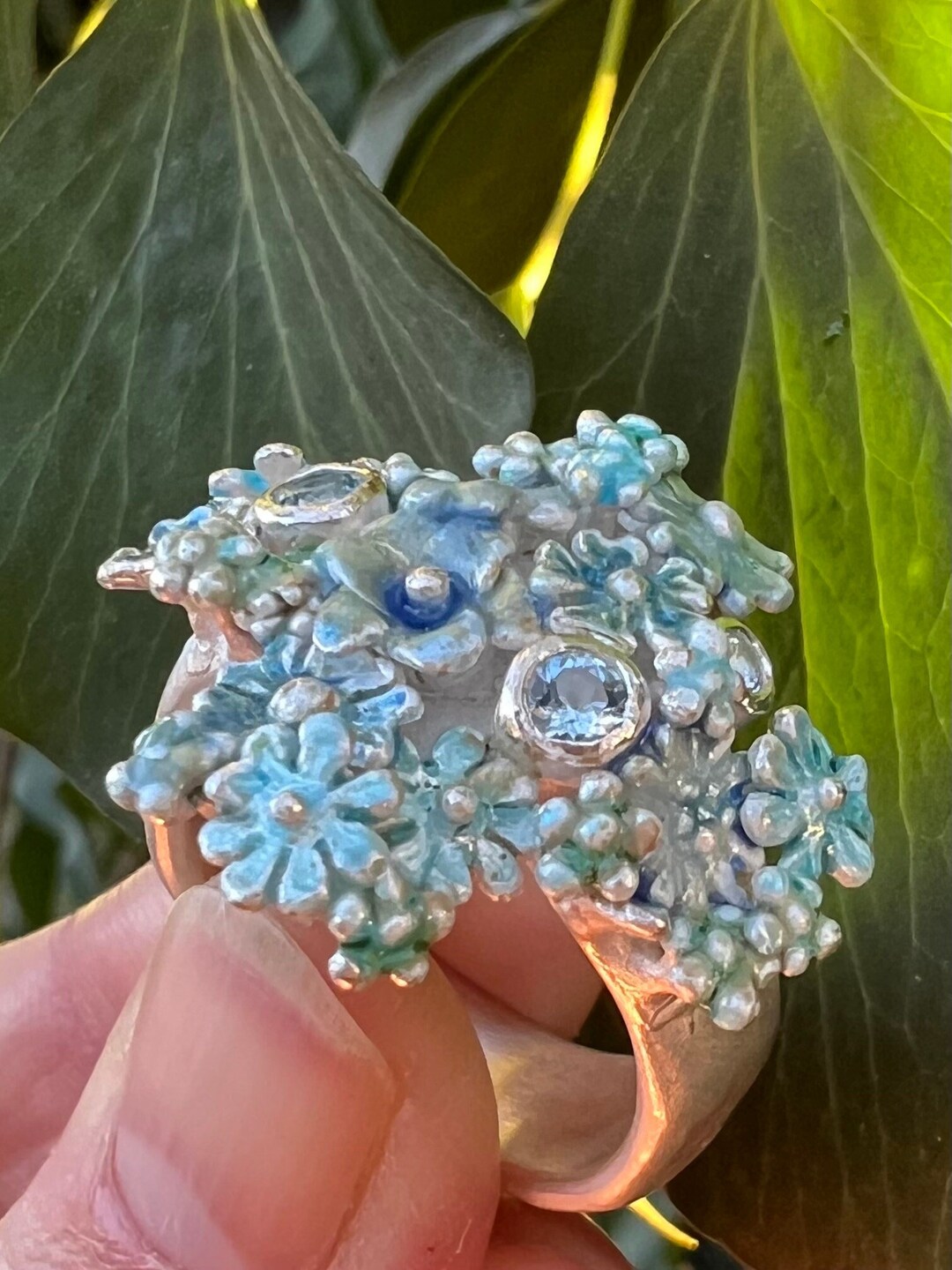 Unique Flower Rings Cross Ring, Blue Enamelled Unique Flower Ring With Three Aquamarines ...