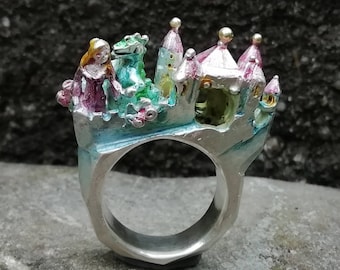 Beauty and the Beast, big fairytale ring with castle, unique piece made of sterling silver, handmade by Iris Schamberger fairytale jewellery