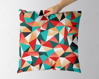 Geometric and colorful throw pillow with little triangles