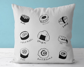 Japanese style pillow or pillowcase with sushi illustration, perfect gift for sushi lovers