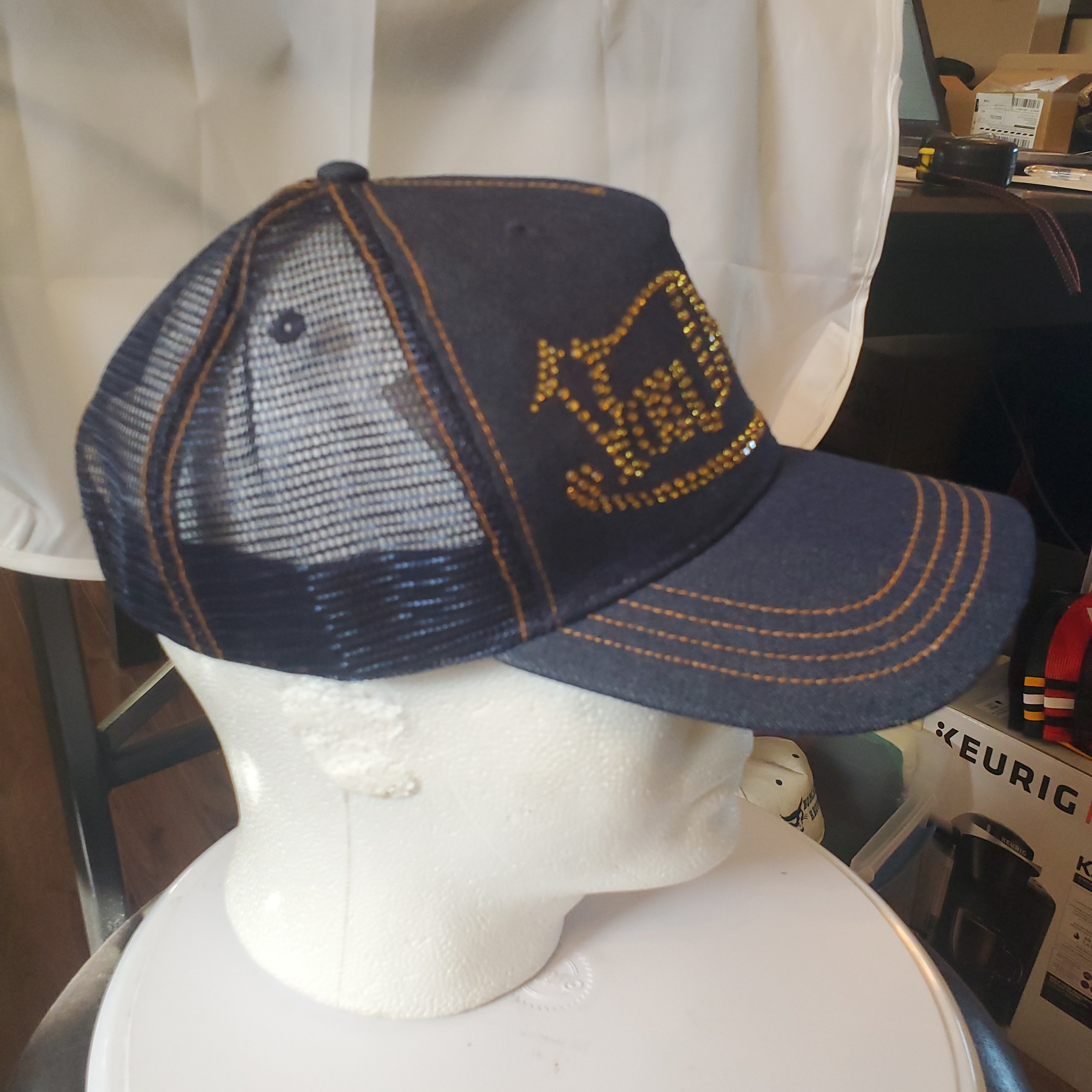 Von Dutch Blue Denim Studded Rhinestone Snapback Trucker Cap Navy Rhinestone Logo Denim Trucker Hat | Von Dutch main image 2
