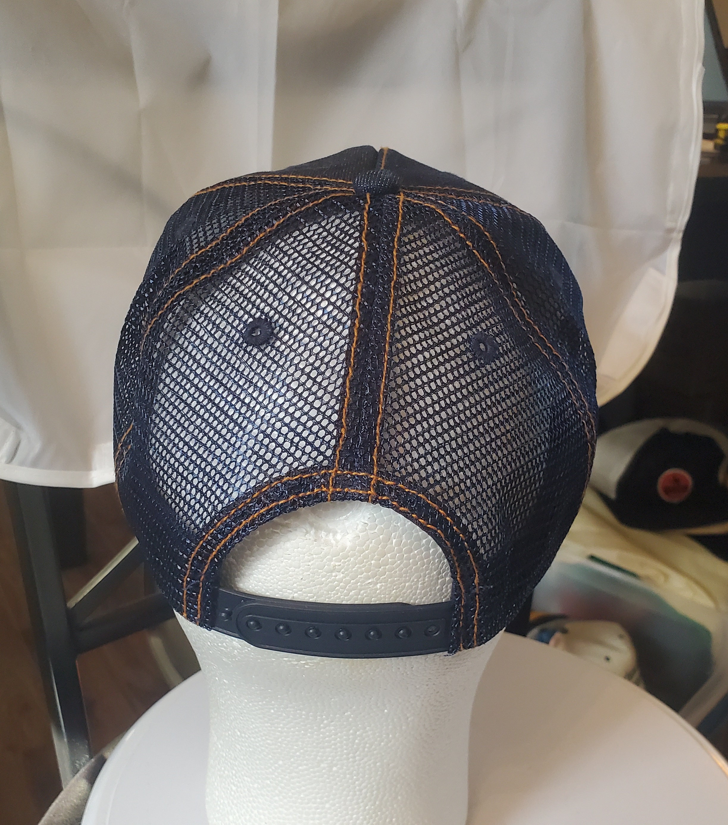 Von Dutch Blue Denim Studded Rhinestone Snapback Trucker Cap Navy Rhinestone Logo Denim Trucker Hat | Von Dutch main image 3