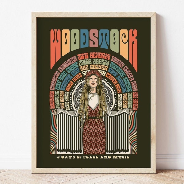 Affiche de Woodstock, impression d'art du festival de Woodstock, art de Woodstock, affiche de musique vintage, affiche de concert, affiche de concert, art bohème, art vintage