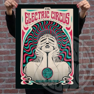 Pôster do circo elétrico, arte psicodélica, pôster de música psicodélica, pôster de concerto, pôster de show, arte de parede vibrante, arte trippy, arte hippie