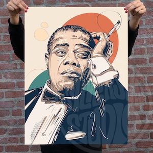 Retrato de Louis Armstrong, Impresión de arte de Louis Armstrong, Cartel de Louis Armstrong, Impresión de arte de música de jazz, Retrato abstracto, Arte de pared boho, Vintage