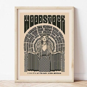 Cartel de Woodstock, impresión de arte de Woodstock, impresión del festival de Woodstock, cartel de concierto de Woodstock, arte vintage de Woodstock, arte de pared boho, cartel de concierto
