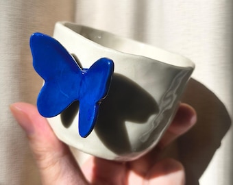 Handmade Espresso Cup with Blue Butterfly - Mini Ceramic Coffee Mug (3.5oz)