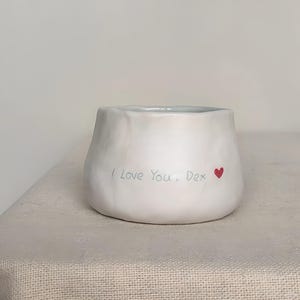 Puede incluir: Pequeña maceta de cerámica blanca con superficie ligeramente texturizada. Las palabras "I Love You, Dex" están inscritas en la parte delantera, acompañadas de un pequeño corazón rojo. La maceta tiene forma redondeada e interior liso.