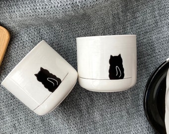 3.5oz Espresso Cups Set, Ceramic Cat Lover Cups Set, Cat Lover Gift, Custom Ceramic Cat Coffee Cup, Gift For Cat Mom, Black Cat Ornaments