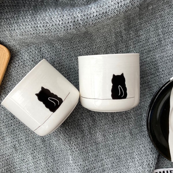 3.5oz Espresso Cups Set, Ceramic Cat Lover Cups Set, Cat Lover Gift, Custom Ceramic Cat Coffee Cup, Gift For Cat Mom, Black Cat Ornaments