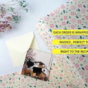 May include: A gift wrapped in floral paper with a small card and envelope. The card features a watercolor painting of a house and trees. Text on the image reads: "EACH ORDER IS WRAPPED WITHOUT INVOICE, PERFECT TO SEND RIGHT TO THE RECIPIENT!!"