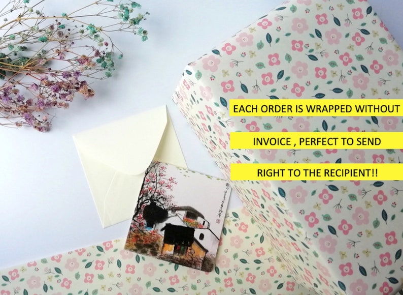 May include: A gift wrapped in floral paper with a small card and envelope. The card features a watercolor painting of a house and trees. Text on the image reads: "EACH ORDER IS WRAPPED WITHOUT INVOICE, PERFECT TO SEND RIGHT TO THE RECIPIENT!!"