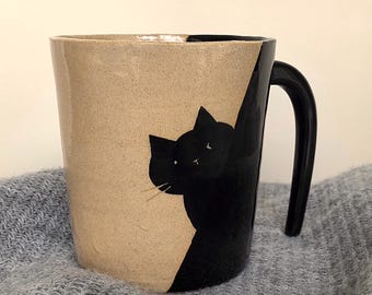 Handmade Black Cat Coffee Mug (14oz) – Large Ceramic Cup for Cat Mom