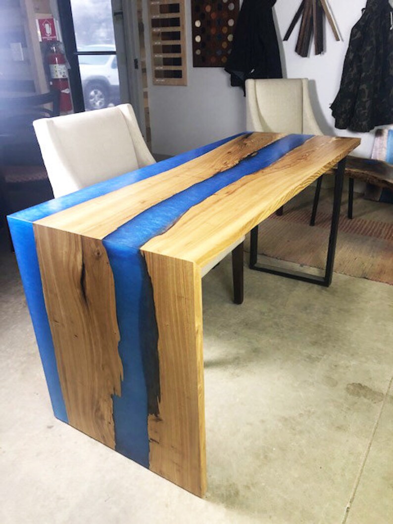 Epoxy Resin Waterfall Desk Live Edge Elm Wood Handmade | Etsy
