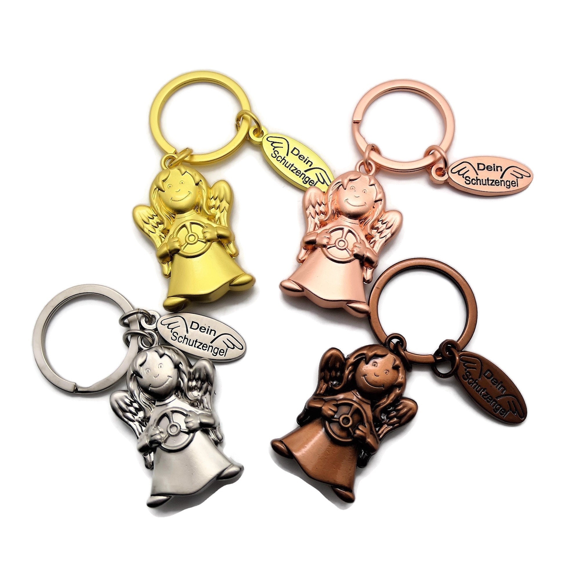 Portachiavi Angelo Custode Con Volante - Regalo Portafortuna Per Automobilisti, In Metallò - Foto 2