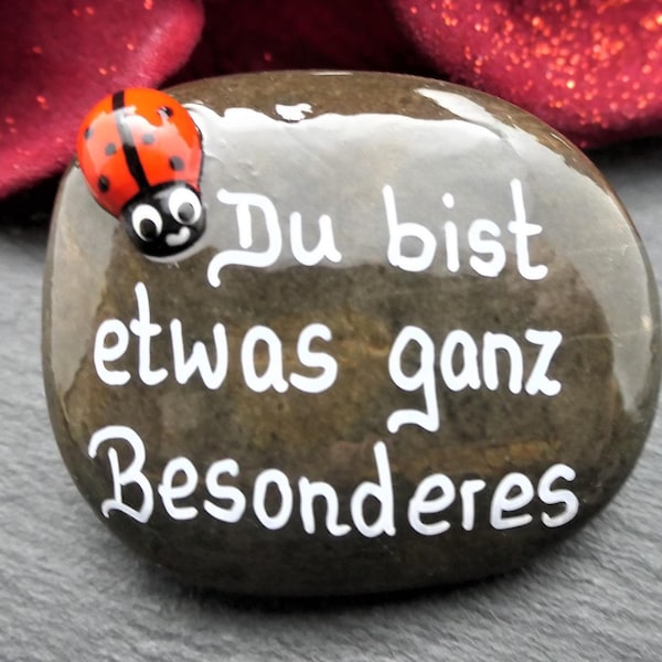 Lucky charm stone, personalized with custom text, palm stone, ladybug design, painted stones, birthday gift, approx. 5 cm, 1021