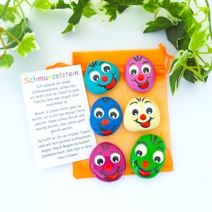 6 Schmunzelsteine je 3,5 cm in 6 vers. Farben mit Geschenkkarte und Organzabeutel für Geburtstag Geschenk und Tischdeko Abschiedsgeschenke