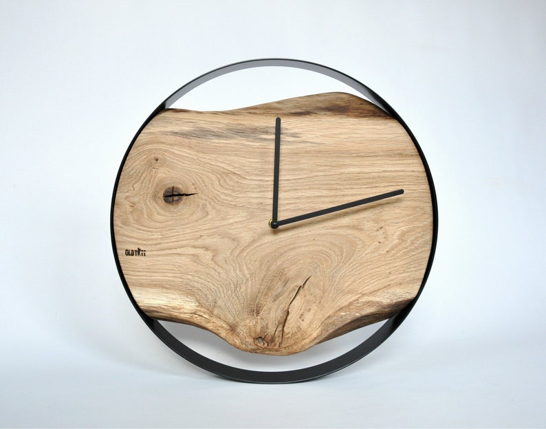 LOFT clock oak, round, black steel rim, old wood, design image 1