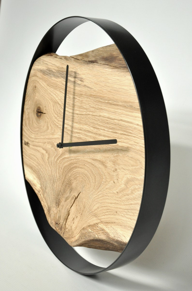 LOFT clock oak, round, black steel rim, old wood, design image 5