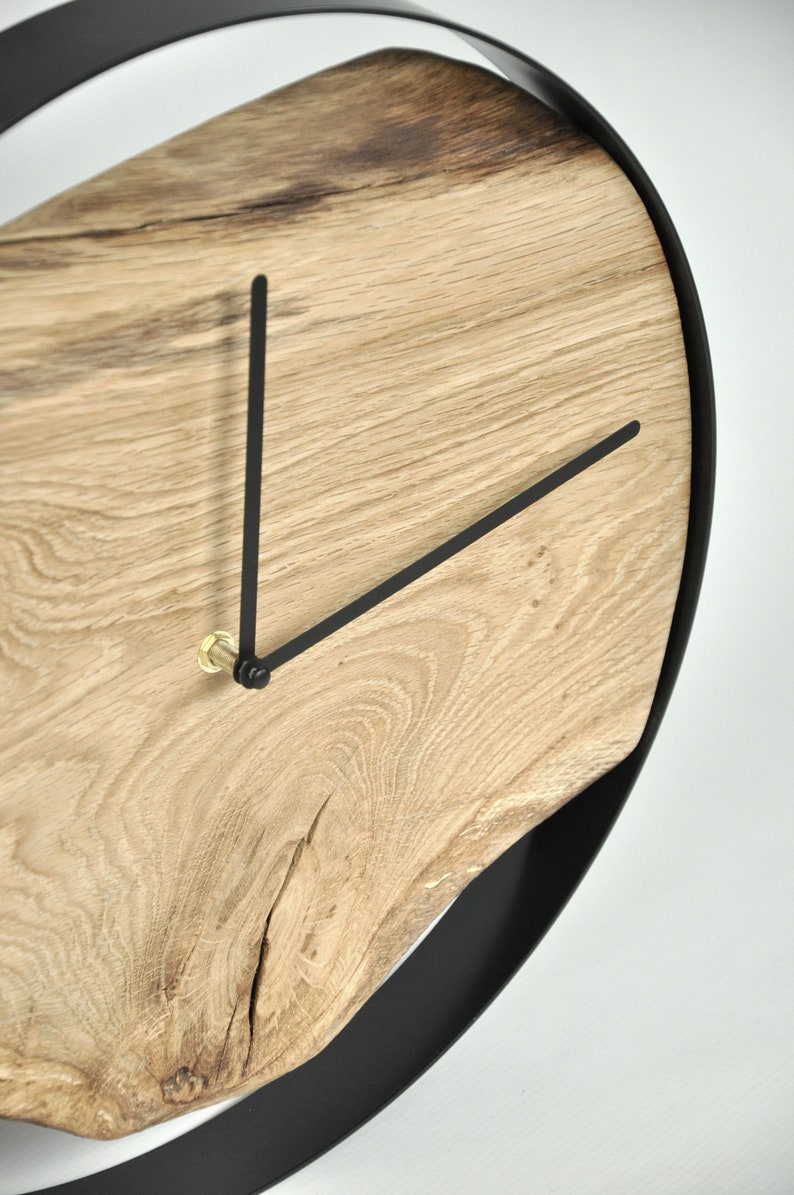 LOFT clock oak, round, black steel rim, old wood, design image 3