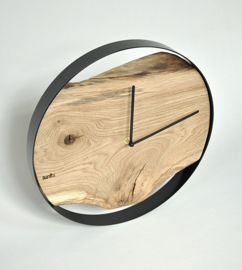 LOFT clock oak, round, black steel rim, old wood, design image 2