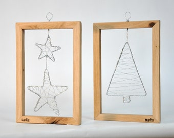 Oak, festive frame made of old wood with a hand-woven decoration made of wire