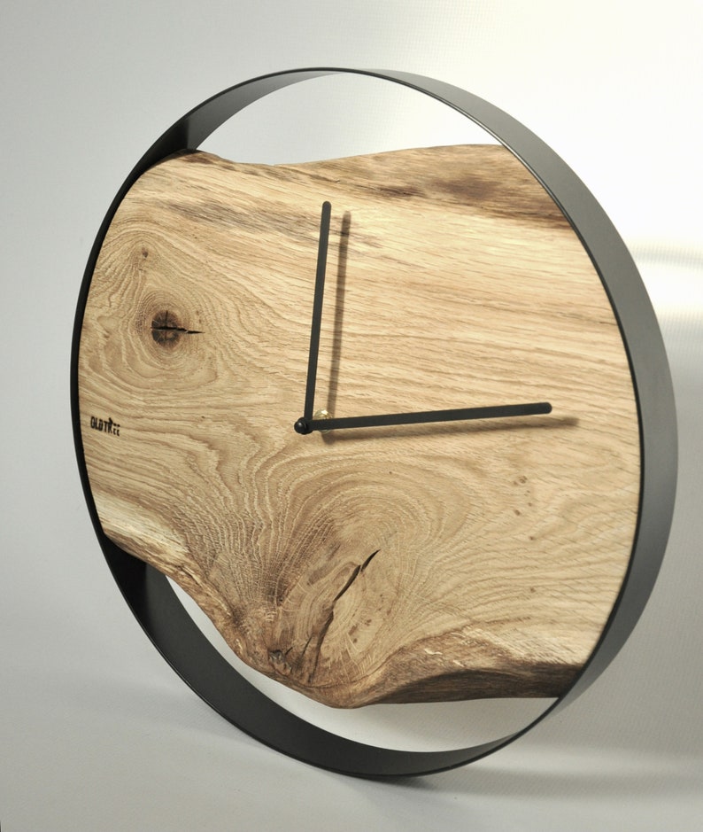 LOFT clock oak, round, black steel rim, old wood, design image 6