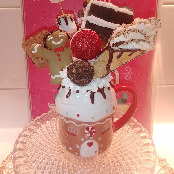 Ceramic Gingerbread House Mug Loaded up with fake treats