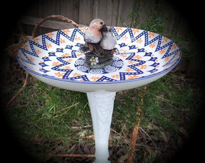 Milk Glass and Ceramic Bird Bath. Bird Feeder.