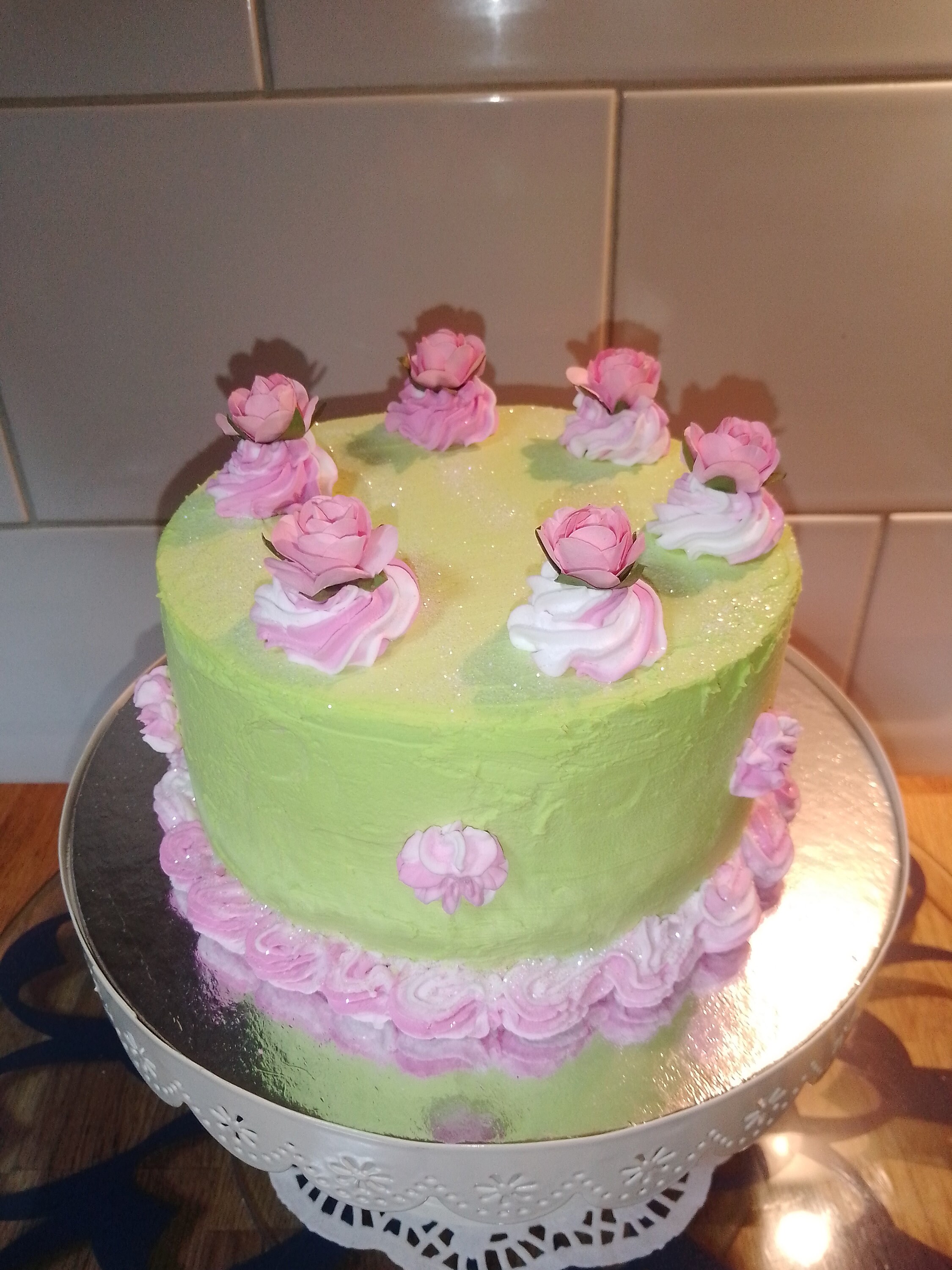 FAKE Cake, Faux Cakes, Photography Prop, Artificial Cakes, Display Cakes, Birthday Cake, Green with Pink rosettes