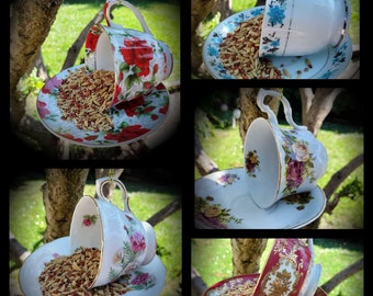 Gorgeous floral Tea Cup rose design Bird Feeder, Wild Bird Feeder, Garden lovers, Birthday Gift, Mothers Day Gift, Unique One of A Kind.