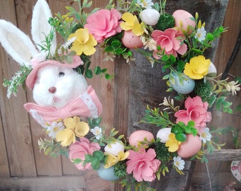 White Straw bunny head and flowers Easter Wreath - Bunny Rabbit Door Hanger, Easter Decoration, Straw Rabbit Wall Wreath, Door Wreath