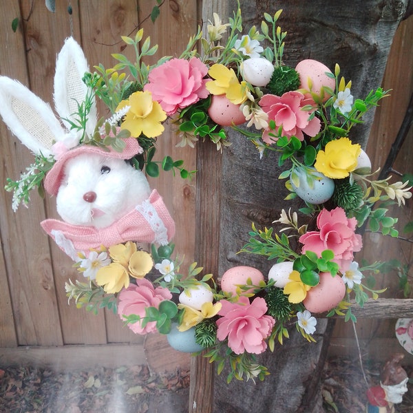 White Straw bunny head and flowers Easter Wreath - Bunny Rabbit Door Hanger, Easter Decoration, Straw Rabbit Wall Wreath, Door Wreath