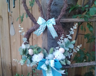 Blue Easter Wreath - Bunny Rabbit Door Hanger - Easter Decoration - Straw Rabbit Wall Wreath - Front Door Wreath - Bunny Head Wreath
