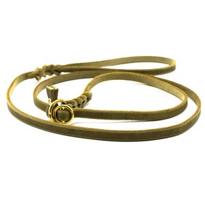 Könnte beinhalten: Eine geflochtene Lederhundeleine mit einem goldenen Metallring. Die Leine ist olivgrün.