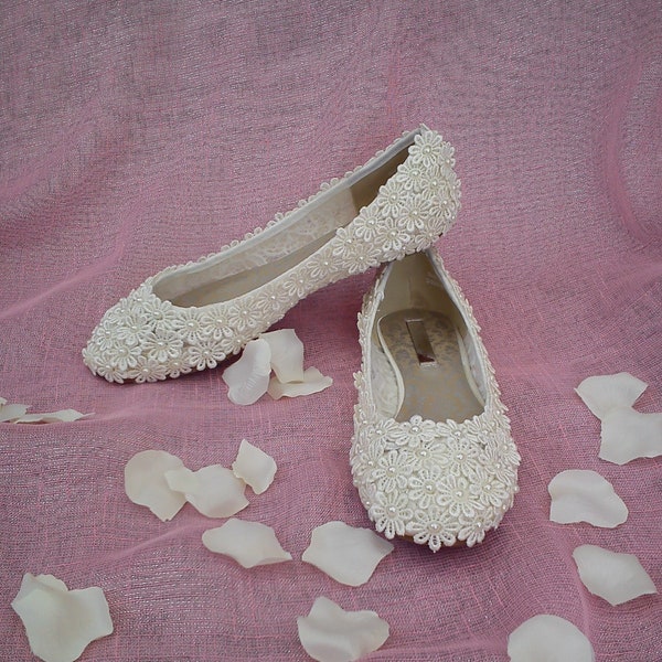 Flache Damen/Kinder Spitze und Perle flache Hochzeit/Gelegenheit Schuhe.