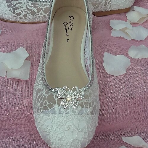 Flat lace wedding shoe with crystal detailing