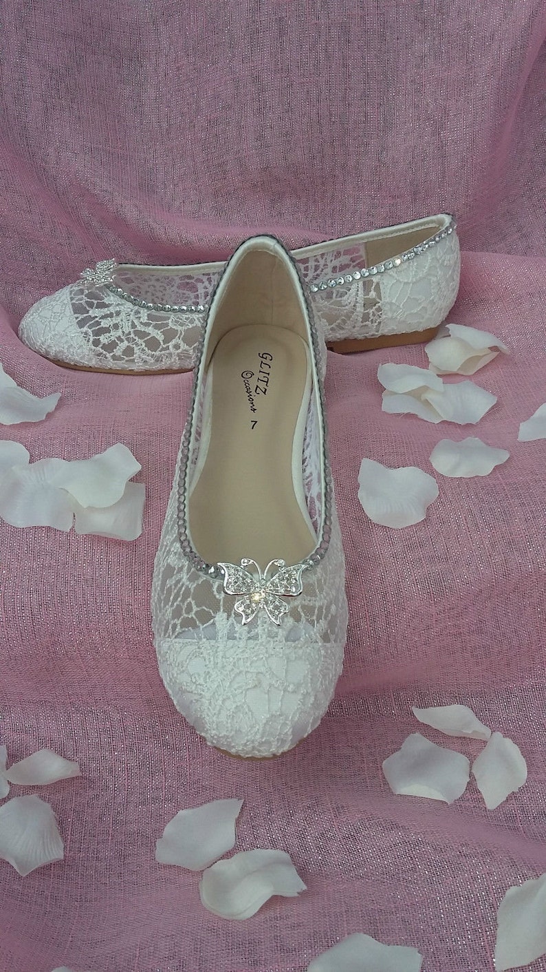 Flat lace wedding shoe with crystal detailing image 1