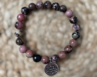 Rhodonite Bracelet with Lotus Flower Charm