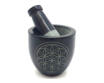 Black Saponite Stone Mortar Flower of Life 8cm