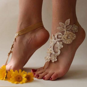 Champagne Lace Barefoot Sandals,Beach Wedding Barefoot Sandals Bridal Barefoot, Wedding Barefoot,BS101908