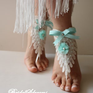 Beach Wedding Bridal Barefoot Sandals,İvory and Mint Green Lace Anklet